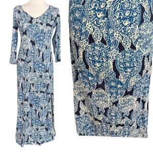 Lilly Pulitzer Anissa Maxi Dress Blue V Neck Split Hem Tropical Women’s Size XS
